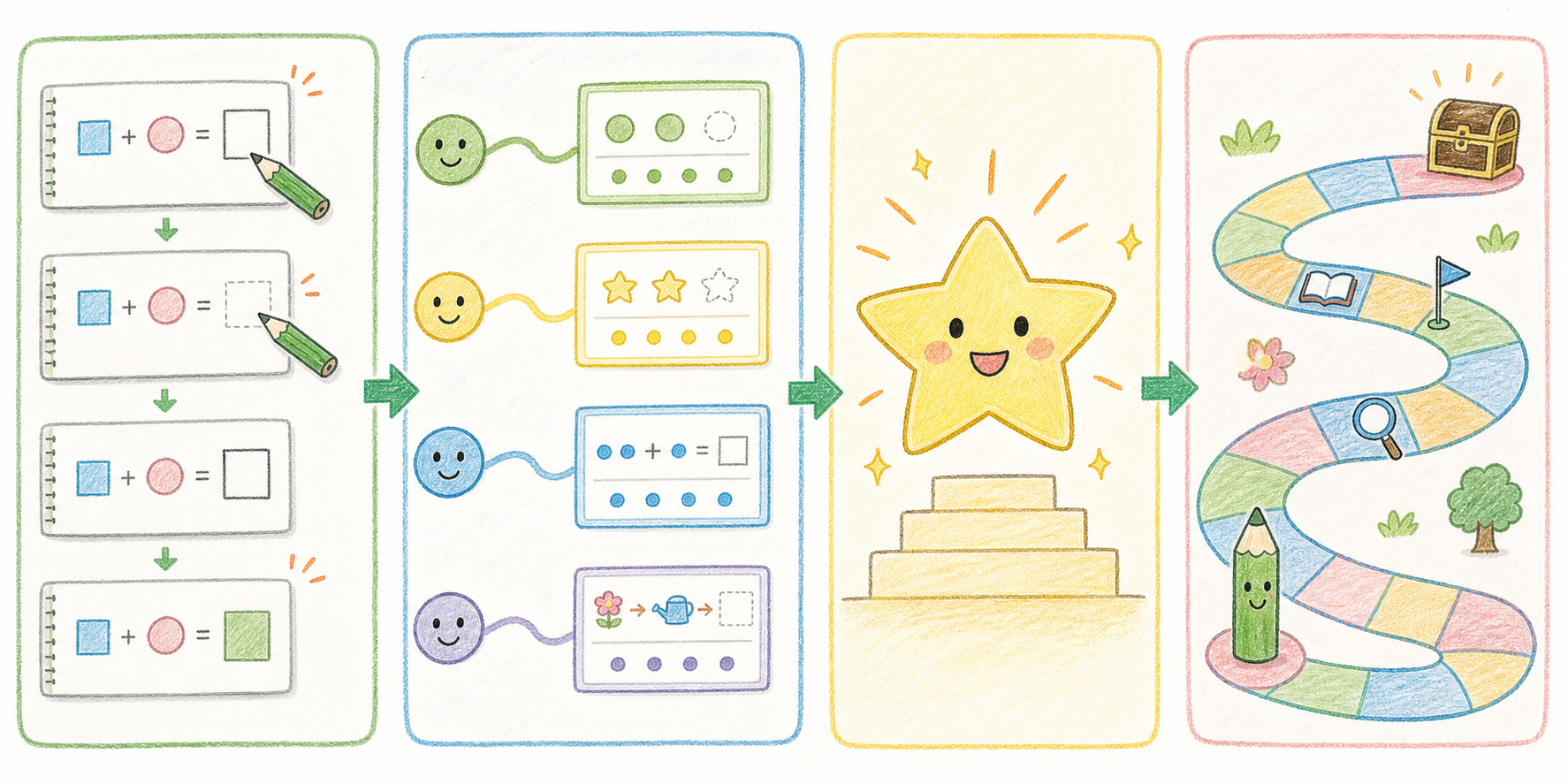小さなステップ、個人に合わせた問題、達成感、ゲーム感覚の学習を表す4つのイラスト