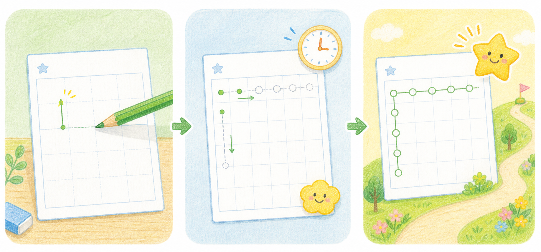 小さな一枚から始め、ペースに合わせて取り組み、達成へ進む様子を表すイラスト