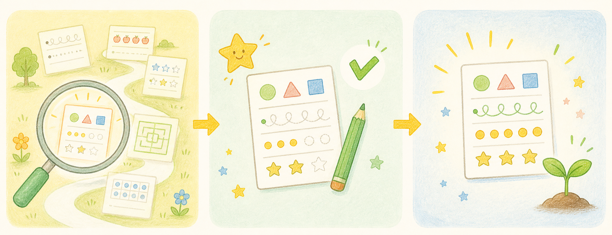 学びの状態を見て、プリントに取り組み、できた実感へ進む様子を表すイラスト