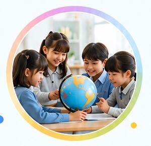 地球儀を囲んで学ぶ子どもたち
